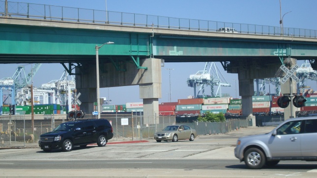 A view of the Vincent Thomas Bridge from Harbor Boulevard.