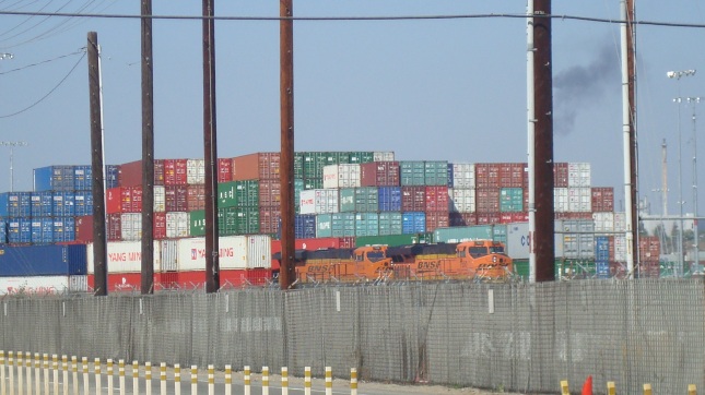 Stacks of containers seen from Harbor Boulevard.